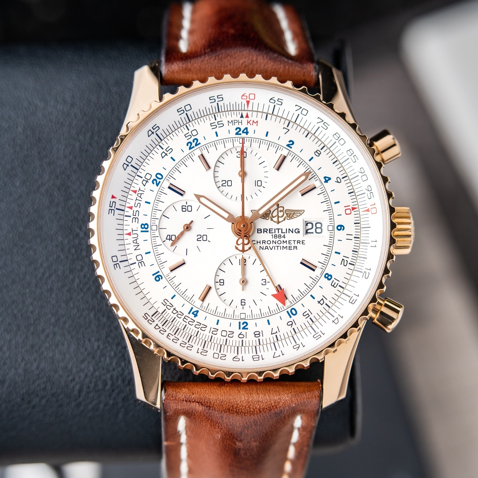Breitling Navitimer World GMT Chronograph Silver Dial 46mm Rose Gold